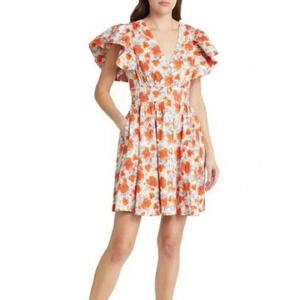 Chelsea28 Ruffle Sleeve Button-Up Linen Blend Dress in Ivory Lenora Floral